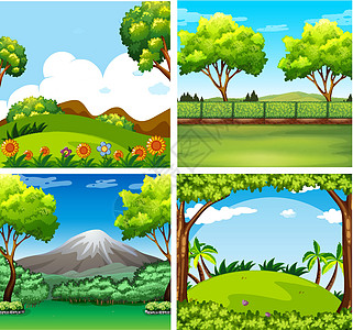 与树和领域的四个背景场面图片