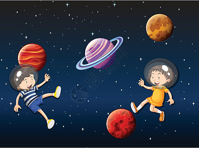 漂浮在太空中的孩子们行星艺术天空月亮天文学宇航员女孩插图星系蓝色图片