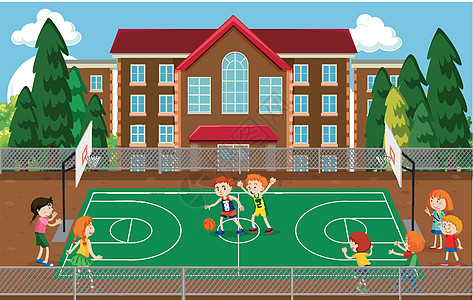 青少年打篮球孩子们打篮球场景建筑玩家团队篮球女孩学校锻炼娱乐闲暇法庭插画