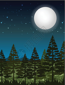 黑夜森林场景树木夜空松树植物绘画插图叶子树叶月光艺术图片