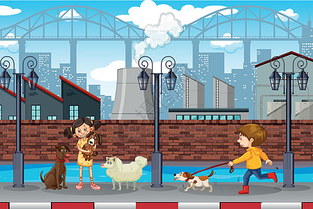 孩子和宠物城市场景图片