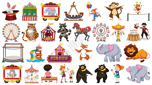 巨大的马戏团集合与混合动物人小丑和骑动物老虎插图娱乐乐趣面具白色团体滑梯展示图片