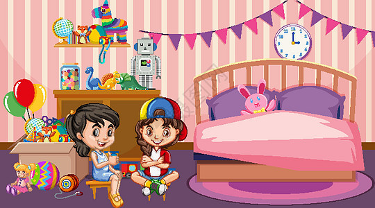 两个女孩在卧室玩耍的场景图片