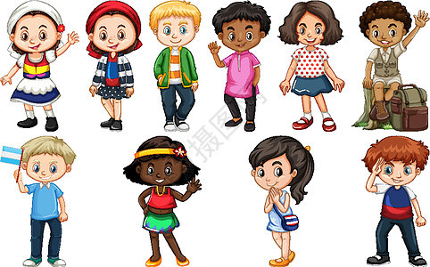 来自不同国家的一群孩子男性男生卡通片女孩少年国际化旗帜插图国籍绘画背景图片