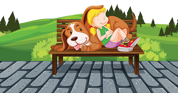 公园长凳上的女孩和狗图片