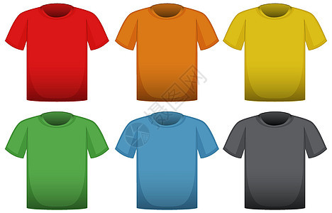 六种不同颜色的 T 恤红色空白衬衫插图面具蓝色黑色艺术衣服橙子图片
