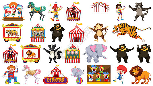 巨大的马戏团集合与混合动物人小丑和骑浣熊孩子们小路乐趣插图娱乐滑梯公园艺术展示图片