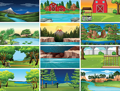 和水路的自然场景集合环境收集农场团体树叶卡通片火山插图风景绿色图片