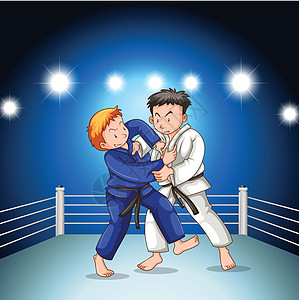两个男孩在体育比赛中打柔道摔跤插图卡通片艺术白色孩子闲暇成人绘画运动活动图片