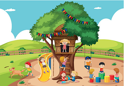 孩子们在树屋玩耍宠物乐趣卡通片童年艺术插图公园场景绘画操场图片