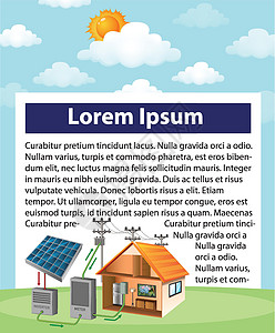 显示太阳能电池如何在家中工作的图表卡通片阳光技术措辞地球风景活力科学教育建筑图片
