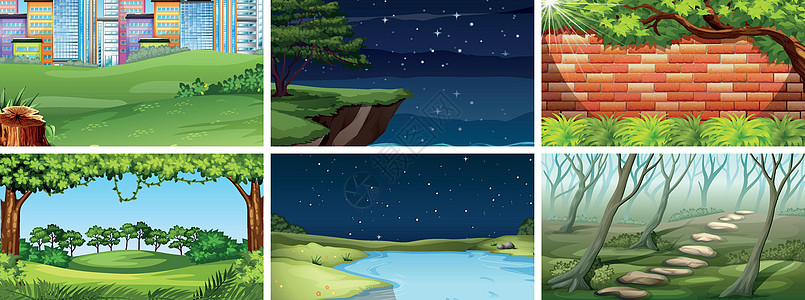 白天和黑夜的自然场景集树叶卡通片插图绿色艺术场地城市星星环境植物图片