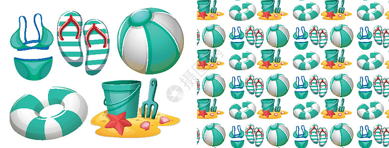 无缝背景设计与沙滩玩具海滩环境游泳衣球形团体包装比基尼服装液体插图图片