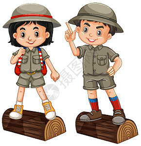 男孩和女孩在 safari 装在白色背景上时代衣服少年孩子们男生男孩们探索活动戏服瞳孔图片