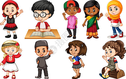 来自不同国家的一群孩子插图女性教育国际化男孩们闲暇学生娱乐瞳孔旗帜背景图片