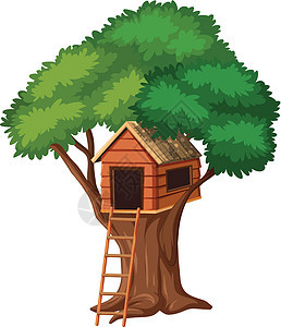 白色背景上的孤立树屋剪贴绿色插图房子窗户艺术建筑学木头卡通片夹子背景图片