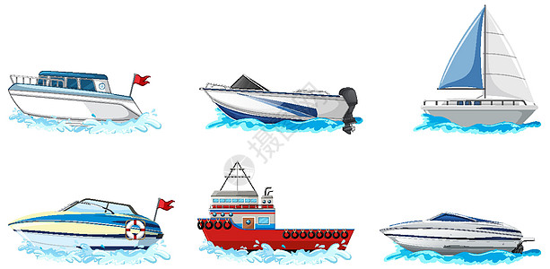 一套不同种类的船和船隔离在白色背景上收藏夹子旅行绘画摩托艇木头运输插图团体艺术图片