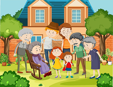 家庭成员在家户外场景父亲活动女孩奶奶花园风景孩子们插图行动成员图片