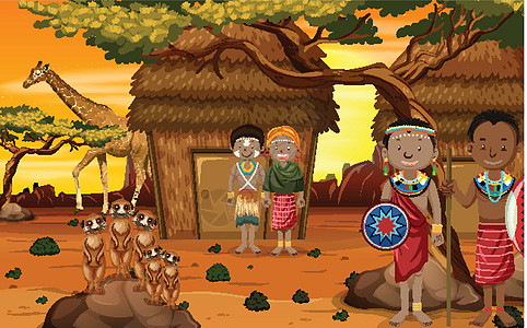 自然背景中穿着传统服装的非洲部落民族卡通片社区男性孩子男人戏服女性衣服环境插图图片
