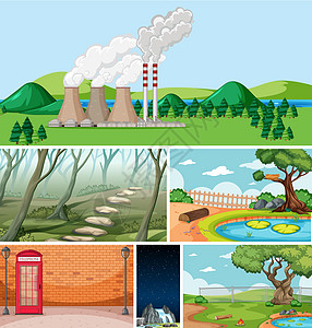 自然环境卡通风格中的六个不同场景丛林风景森林收藏操场季节卡通片工厂树叶植物图片