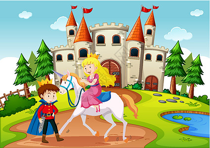 童话世界场景中的王子和公主城堡传奇孩子插图风景建筑民间堡垒土地卡通片图片