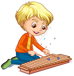 一个男孩在白色背景上演奏木琴的性格幼儿园娱乐少年乐趣瞳孔乐器夹子音乐教育活动图片