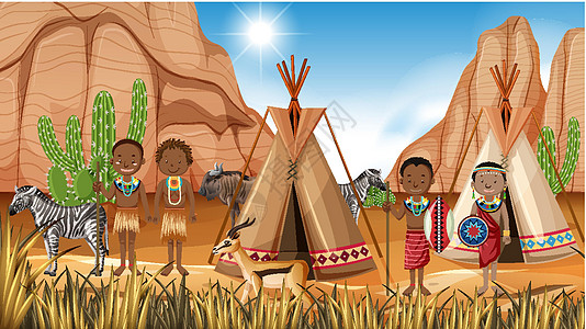 自然背景中穿着传统服装的非洲部落民族插图绘画女性卡通片男性衣服孩子村庄青年男人图片