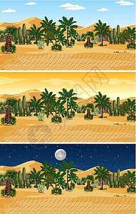 大不同时期的沙漠自然景观场景绿洲风景天气橙子辉光卡通片日落沙丘夹子插图图片