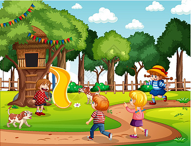 田野玩耍许多孩子的游乐场场景插画
