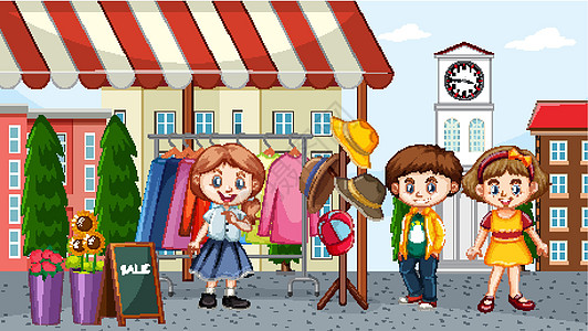 在跳蚤市场卖衣服的女孩绘画插图卡通片艺术女性夹子城市孩子图片