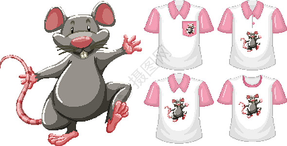鼠标处于站立位置卡通人物 白色背景上有多种类型的衬衫孩子们团体动物群马球卡通片标识衣服动物插图展示图片