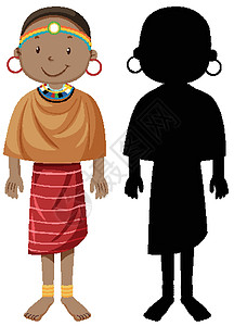 一组非洲部落人物及其剪影阴影黑色男人男性女性青年社区衣服村庄绘画图片