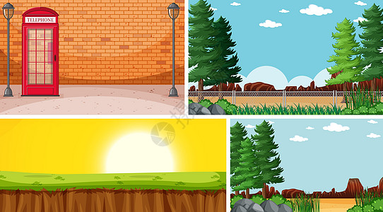 自然环境卡通风格中的四个不同场景土地松树团体插图叶子橙子森林砖墙收藏日出图片