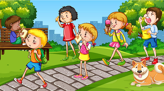 田野玩耍许多孩子在公园里散步的场景插画
