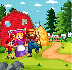 幸福的家庭在卡通风格的农场场景仓库女性插图女孩妈妈爸爸风景场地树木建筑图片