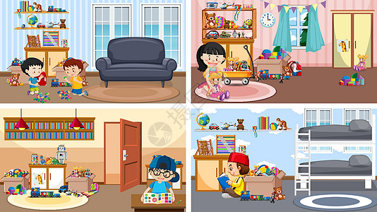 田野玩耍四个孩子在不同房间玩耍的场景家具孩子们卡通片玩具托儿所学生学校风景房子卧室插画