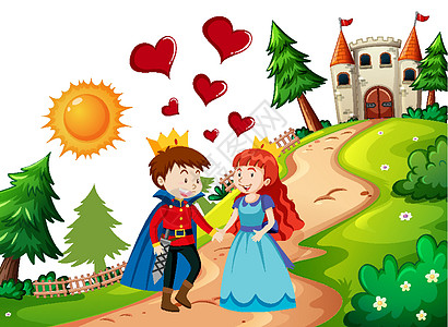 王子和公主与自然场景中的城堡建筑叶子卡通片绘画生态墙纸环境堡垒树叶植物图片