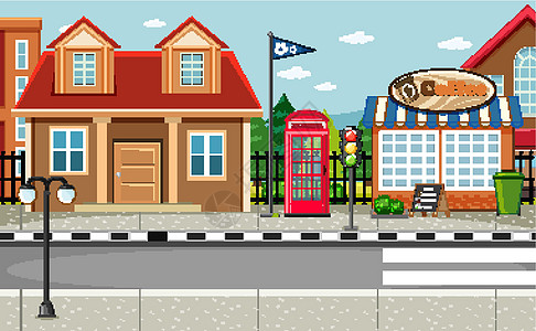 有房子和咖啡店场景的街景人行道环境城市电话天空店铺大车旗帜运输艺术品图片