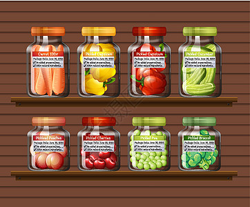墙上架子上不同罐子里的一组不同蔬菜图片