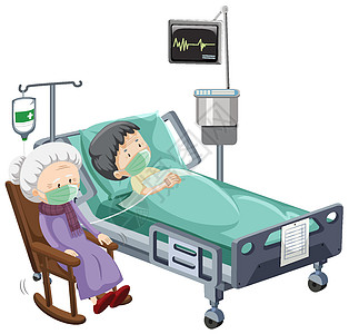 白色背景下病患躺在床上的医院场景症状流感男性死亡肺炎女士卡通片情况插图致命图片