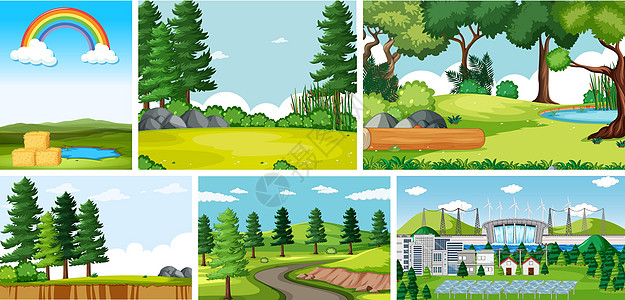 六个不同位置的自然场景季节风车叶子稻草发电机农场风力农业土地面具图片