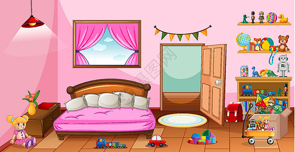 粉红色卧室场景中的许多玩具图片