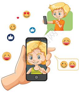 手持智能手机与社交媒体表情符号图标隔离在白色背景图片