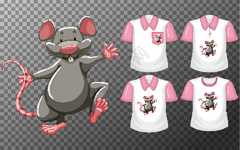 鼠标处于站立位置卡通人物 透明背景上有多种类型的衬衫衣服插图卡通片老鼠动物商品短袖灰色动物群收藏图片