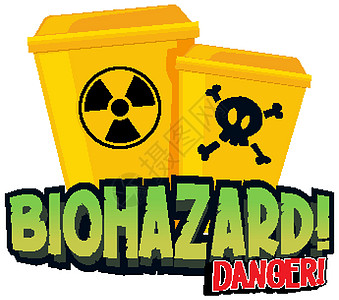 带有黄色垃圾桶的字体设计卡通片生物医疗垃圾箱语言英语插图危害垃圾空白图片