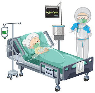 白色背景下病患躺在床上的医院场景症状女士卡通片疾病死亡流感医生致命急诊室药品图片