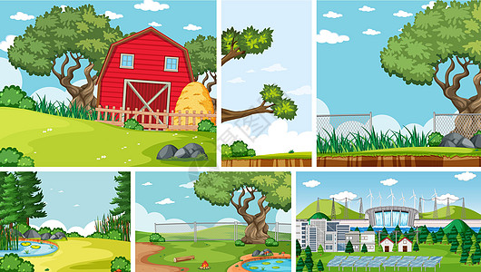 六个不同位置的自然场景观光谷仓天空面具太阳能板森林风车环境农场植物图片