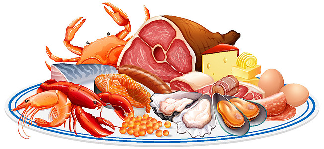 新鲜食品或食品蛋白组 如肉类 海鲜 鸡蛋和坚果 在白色背景上隔离图片