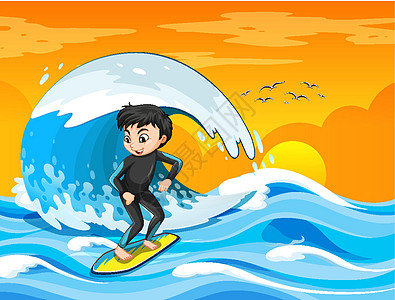 海洋场景中的大浪与男孩站在冲浪野猪上风景女性活动天气木板男生橙子液体学校卡通片图片