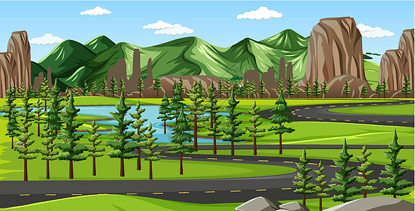 绿色自然景观背景环境艺术森林街道木头溪流绘画树叶卡通片植物图片